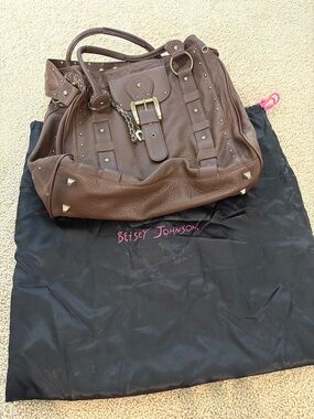 Betsey Johnson Brown Studded Satchel with Buckle Accents